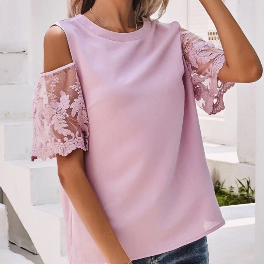 Cold shoulder embroidery mesh sleeve Blouse S